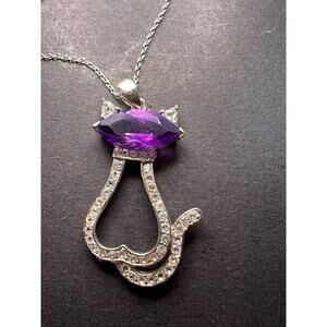 Amethyst white topaz Rhodium Over Silver Cat Pendant Chain